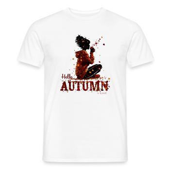 Hello Autumn – Cozy Girl and Hot Drink - Men's T-Shirt - white - Front - AI Model Male 178 dark (178cm)