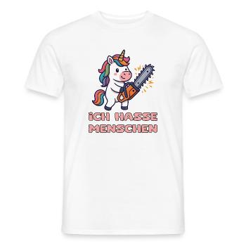 Unicorn with chainsaw and humor - Men's T-Shirt - white - Front - AI Model Male 178 dark (178cm)