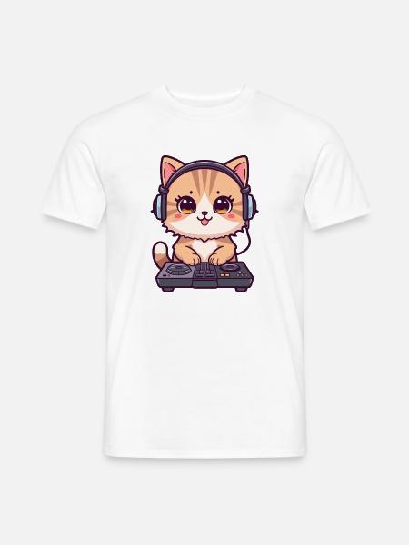 Katze als DJ mit Kopfhörer - Männer T-Shirt - Weiß