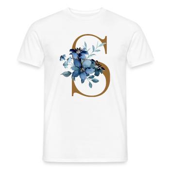 Motif floral bleu sur la lettre S - T-shirt homme - blanc - Devant - AI Model Male 178 dark (178cm)