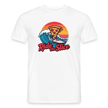 Ride the Slice – Surfing Pizza - Men's T-Shirt - white - Front - AI Model Male 178 dark (178cm)