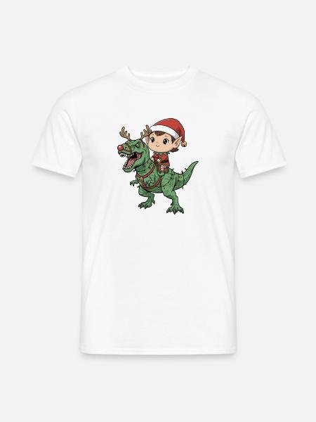 Junge Elf reitet T-Rex Lustiger Weihnachtsdinosaur - Männer T-Shirt - Weiß
