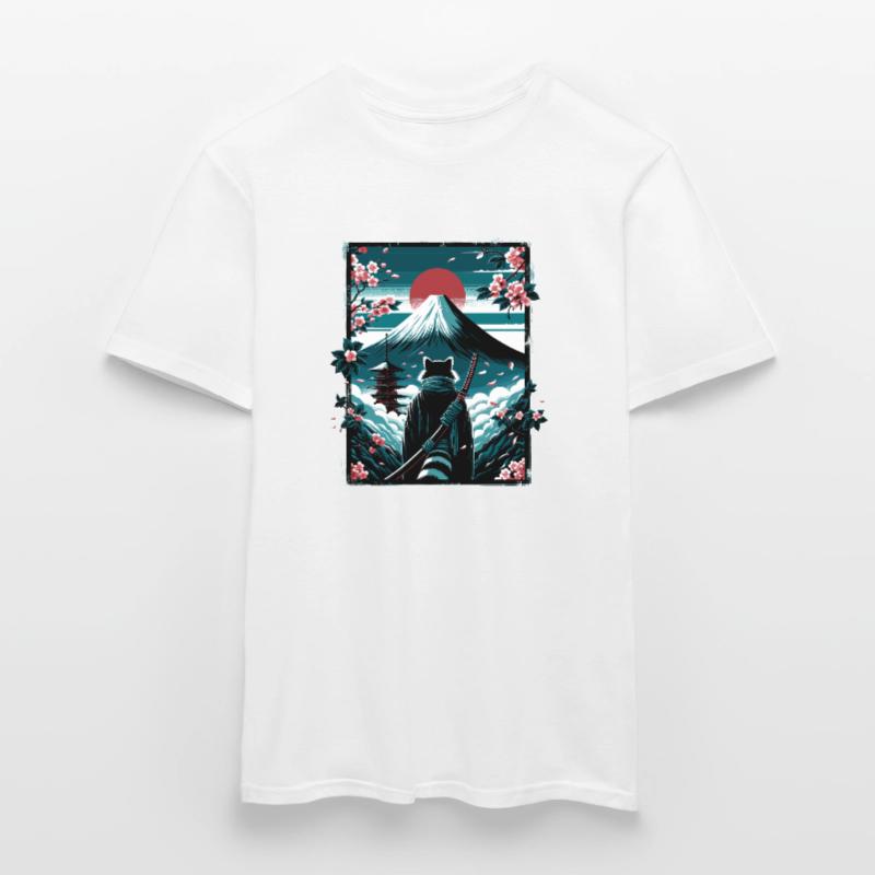 Chat avec une épée de samouraï devant Fuji T-shirt homme