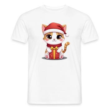 Cute cat Christmas with present - Men's T-Shirt - white - Front - AI Model Male 178 dark (178cm)