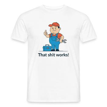 Tool Hero Cartoon Motif. Finally it works! - Men's T-Shirt - white - Front - AI Model Male 178 dark (178cm)