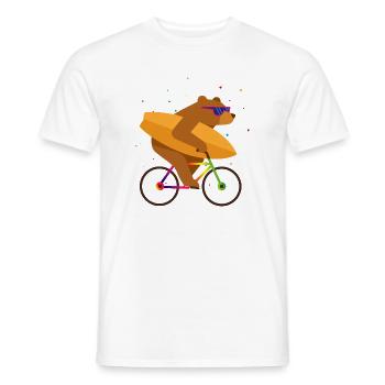 Bear on bicycle with surfboard and sunglasses - Men's T-Shirt - white - Front - AI Model Male 178 dark (178cm)