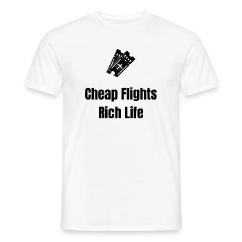 Cheap Flights, Rich Life – Travel Shirt - Men's T-Shirt - white - Front - AI Model Male 178 dark (178cm)