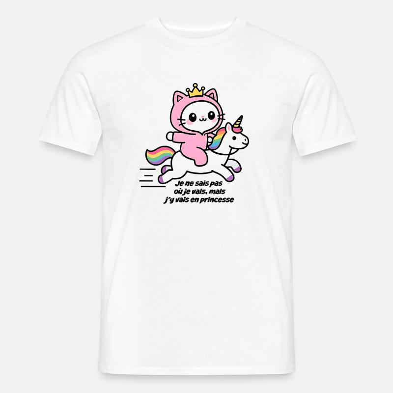 Rosa Katze auf Regenbogen-Einhorn - Männer T-Shirt - Weiß
