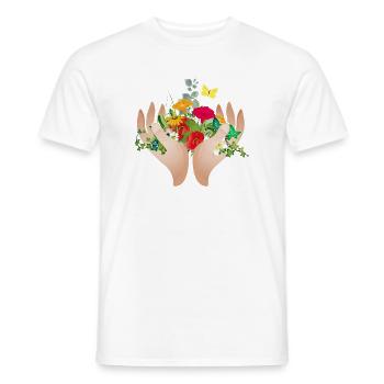 Deux mains protectrices tenant de nombreuses fleurs - T-shirt homme - blanc - Devant - AI Model Male 178 dark (178cm)