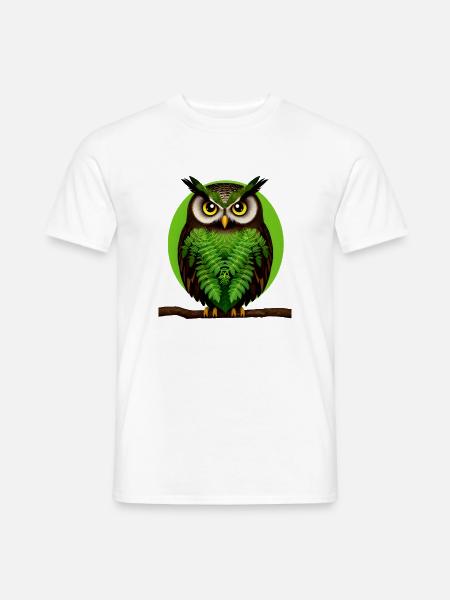 Grünblatt Eulenporträt auf Ast - Männer T-Shirt - Weiß