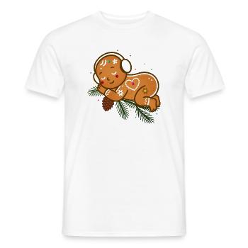 Baby gingerbread snuggled up on fir branches - Men's T-Shirt - white - Front - AI Model Male 178 dark (178cm)