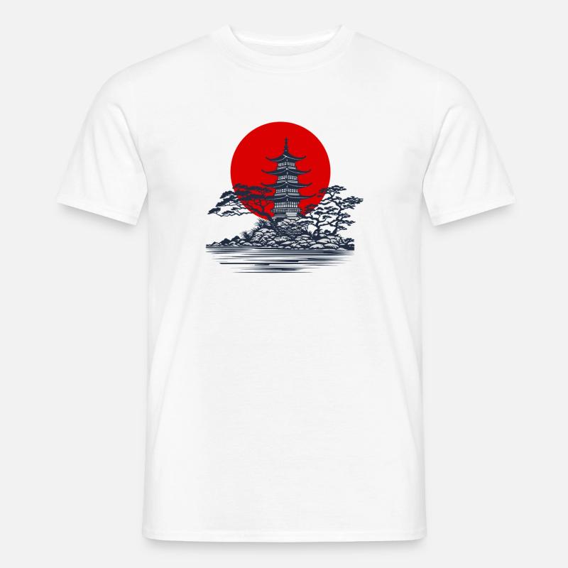 Pagode Silhouette mit roter Sonne Szene - Männer T-Shirt - Weiß