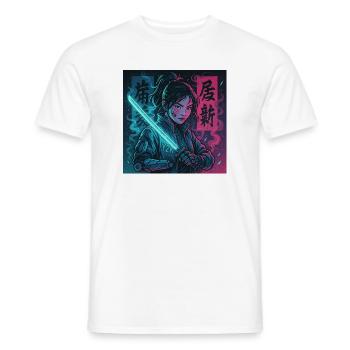 Cyber Samurai Girl Harajuku Y2K Anime Streetwear - T-shirt homme - blanc - Devant - AI Model Male 178 dark (178cm)