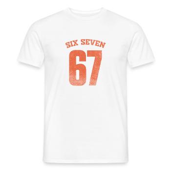 Six Seven 67 Vintage College Number Meme - Men's T-Shirt - white - Front - AI Model Male 178 dark (178cm)