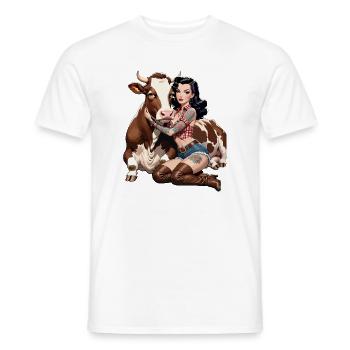 Pin-up farmer with tattoo and cow - Men's T-Shirt - white - Front - AI Model Male 178 dark (178cm)