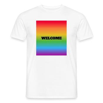 LGBT-Regenbogen-Willkommen – LGBTQ Safe Space – Gay Ally - Männer T-Shirt - Weiß - Vorne - AI Model Male 178 dark (178cm)