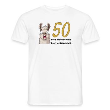 50th birthday – briefly frightened, then celebrated - Men's T-Shirt - white - Front - AI Model Male 178 dark (178cm)