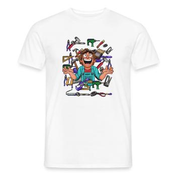 Cheerful craftsman in tool chaos - Men's T-Shirt - white - Front - AI Model Male 178 dark (178cm)