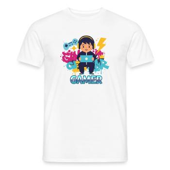 Gamer Kid with game pad and headphones - Men's T-Shirt - white - Front - AI Model Male 178 dark (178cm)