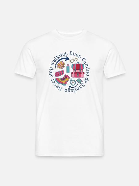 Buen Camino de Santiago Never Stop Walking Emblem - Männer T-Shirt - Weiß