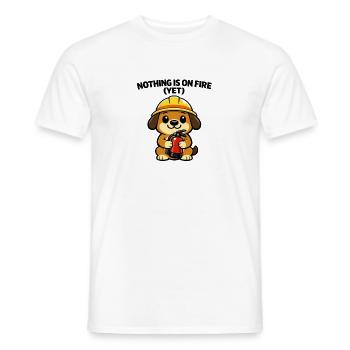 Construction site doggy: Nothing burns (yet) - Men's T-Shirt - white - Front - AI Model Male 178 dark (178cm)