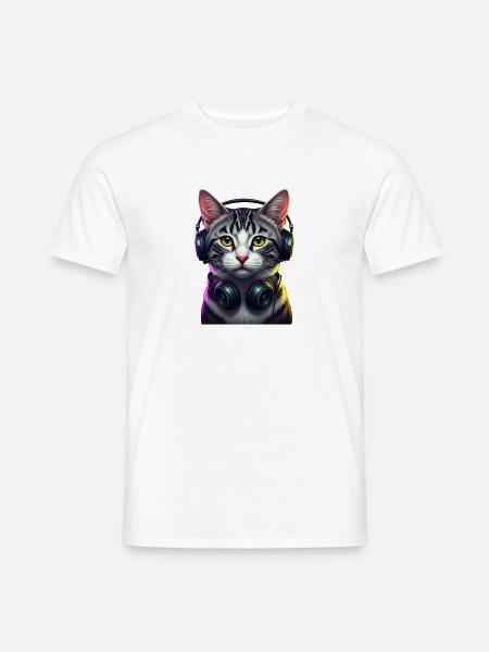 KatzenDJ Neon Kopfhörer Music lover cat - Männer T-Shirt - Weiß