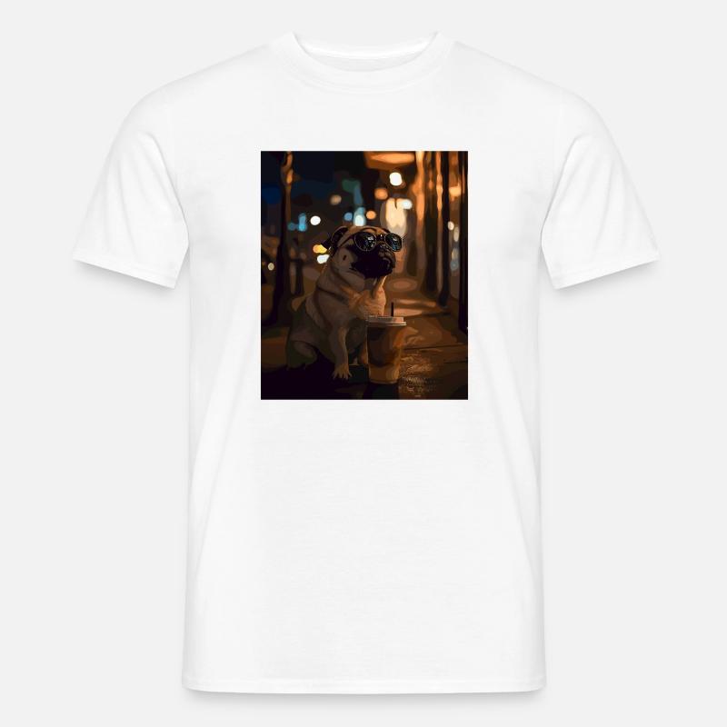 Mops mit Sonnenbrille und Eiskaffee - Männer T-Shirt - Weiß
