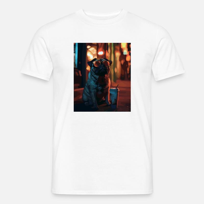 Mops mit Sonnenbrille und Eiskaffee - Männer T-Shirt - Weiß