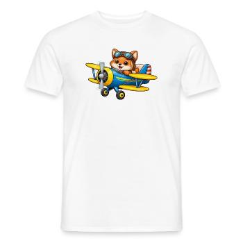 Dessin animé Fox Pilot Biplane Avion - T-shirt homme - blanc - Devant - AI Model Male 178 dark (178cm)