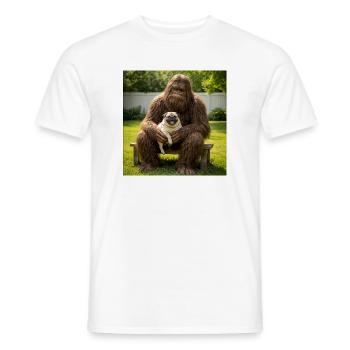 Pug Sitting with Bigfoot Funny Dog Lover - Men's T-Shirt - white - Front - AI Model Male 178 dark (178cm)