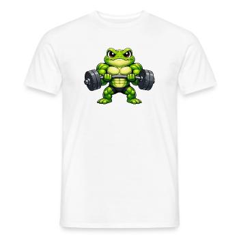 Strong frog with dumbbell cartoon - Men's T-Shirt - white - Front - AI Model Male 178 dark (178cm)
