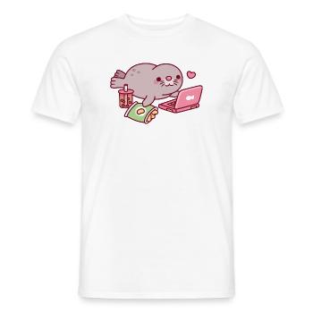 Cute Chonky Seal Chilling With Laptop And Boba Tea - Men's T-Shirt - white - Front - AI Model Male 178 dark (178cm)
