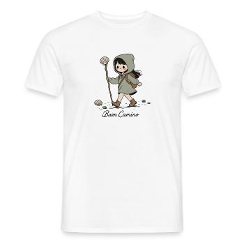 Pèlerin randonneuse sur le chemin de Compostelle - T-shirt homme - blanc - Devant - AI Model Male 178 dark (178cm)