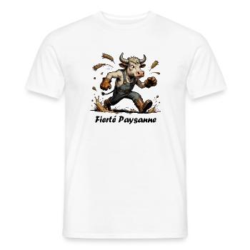 Fierté Paysanne, vache en salopette et botte - T-shirt homme - blanc - Devant - AI Model Male 178 dark (178cm)