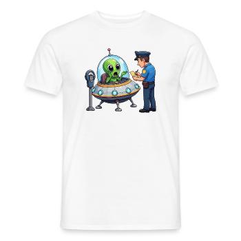 Extraterrestrial in UFO bureaucracy scene - Men's T-Shirt - white - Front - AI Model Male 178 dark (178cm)