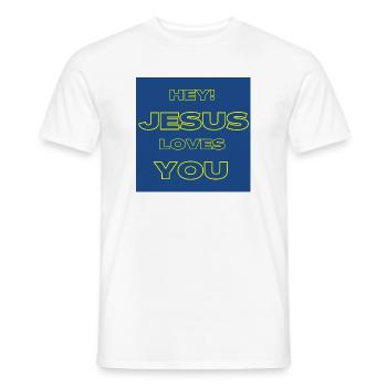 Hey Jesus Loves You Christian Yellow Text Design - Men's T-Shirt - white - Front - AI Model Male 178 dark (178cm)