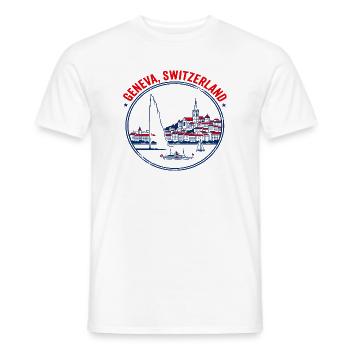 Geneva Switzerland Cityscape and Lake Emblem - Men's T-Shirt - white - Front - AI Model Male 178 dark (178cm)