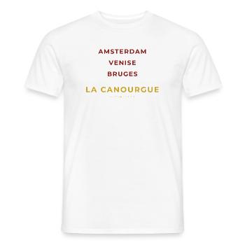 La Canourgue Lozère - Amsterdam - Venise - Bruges - T-shirt homme - blanc - Devant - AI Model Male 178 dark (178cm)