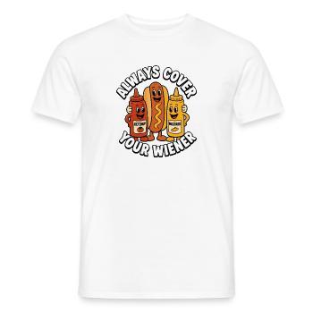 Always cover the Viennese! Funny hot dog - Men's T-Shirt - white - Front - AI Model Male 178 dark (178cm)