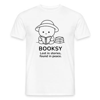 Booksy – Perdu dans les histoires, trouvé en paix - T-shirt homme - blanc - Devant - AI Model Male 178 dark (178cm)