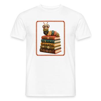Cozy Crochet Bookworm on Books Stack - Men's T-Shirt - white - Front - AI Model Male 178 dark (178cm)