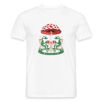 Happy frogs coffee break under mushroom umbrella - Men's T-Shirt - white - Front - AI Model Male 178 dark (178cm)