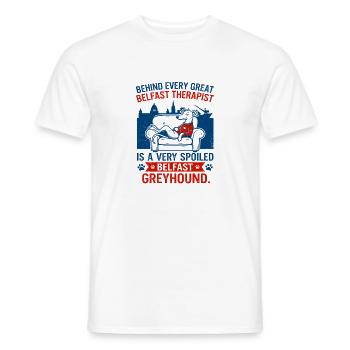 Belfast Therapist And Spoiled Greyhound Dog - Men's T-Shirt - white - Front - AI Model Male 178 dark (178cm)