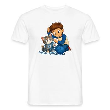 Junge befreit Katze sanft aus blauem Wollknäuel - Männer T-Shirt - Weiß - Vorne - AI Model Male 178 dark (178cm)