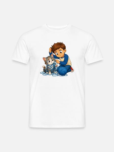 Junge befreit Katze sanft aus blauem Wollknäuel - Mænd T-shirt - hvid