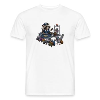 Raccoon checks pigeons at airport chaos - Men's T-Shirt - white - Front - AI Model Male 178 dark (178cm)