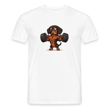 Fitness dachshund – powerhouse in the gym - Men's T-Shirt - white - Front - AI Model Male 178 dark (178cm)