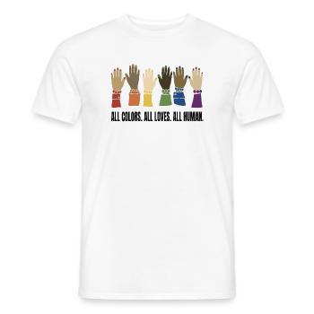 ALL COLORS. ALL LOVES. ALL HUMAN. - Männer T-Shirt - Weiß - Vorne - AI Model Male 178 dark (178cm)