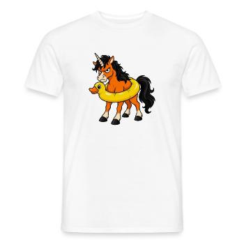 Ein Einhorn schwebt in einem Quietschenten-Ring herum - Männer T-Shirt - Weiß - Vorne - AI Model Male 178 dark (178cm)