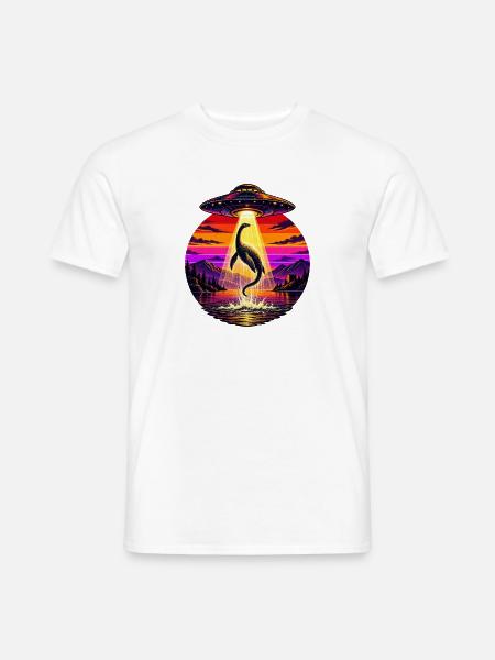 UFO-Strahl-Lochness-Monster Sonnenuntergangsneon - Männer T-Shirt - Weiß